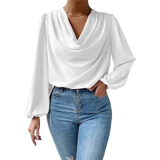 Damen elegante Bluse mit asymmetrischem Halsansatz und langen Ärmeln EB