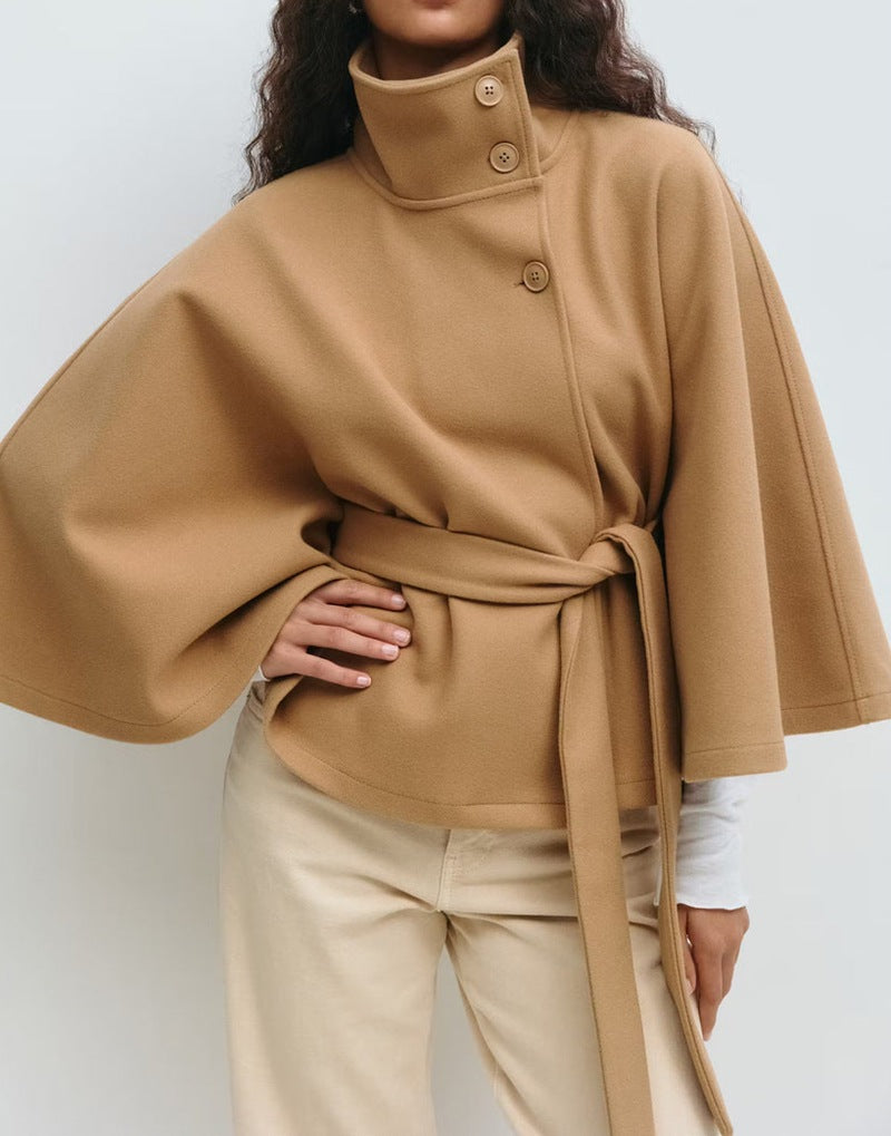 Damen modische Wolljacke mit hohem Kragen und Gürtel EB