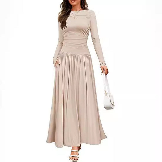Damen Langärmliges Maxikleid mit eleganten Rüschendetails und praktischen Taschen EB