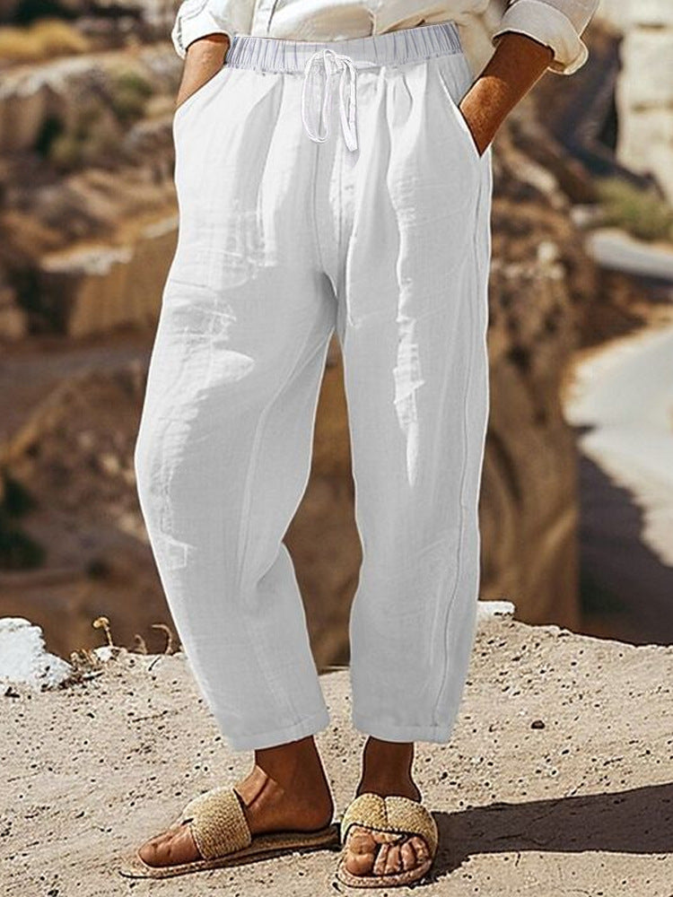 Damen Casual-Chino Leinenoptik Culotte mit elastischem Tunnelzugbund und Eingrifftaschen EB