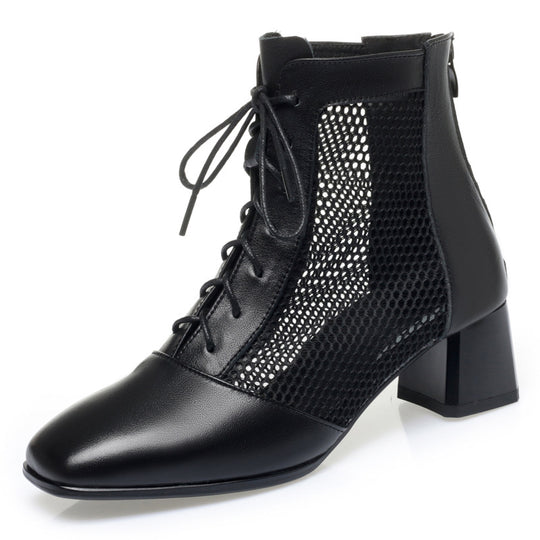 Damen Modische Stiefeletten mit luftiger Netzoptik und bequemem Blockabsatz EB