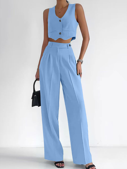 Damen trendy Zweiteiler-Anzug mit wadenlangem Hose und modernem Cropped-Top EB