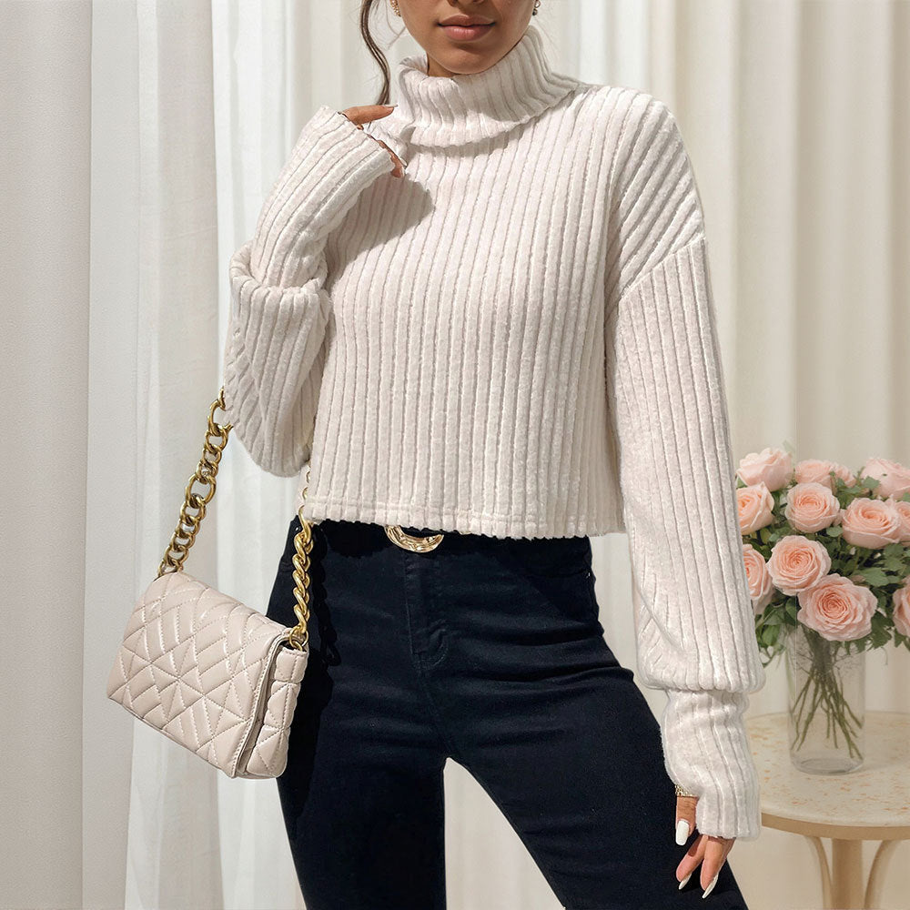 Damen geripptes Cropped‑Rollkragenpullover mit überschnittenen Schultern und voluminösen Ärmeln Eichborn Berlin
