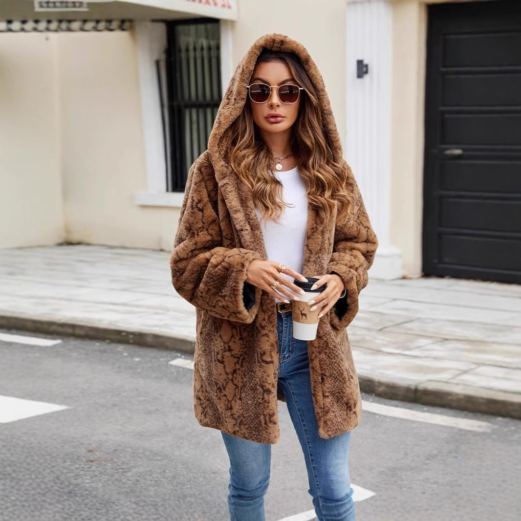 Damen Furry Parka mit Kapuze und elegantem Schnitt EB