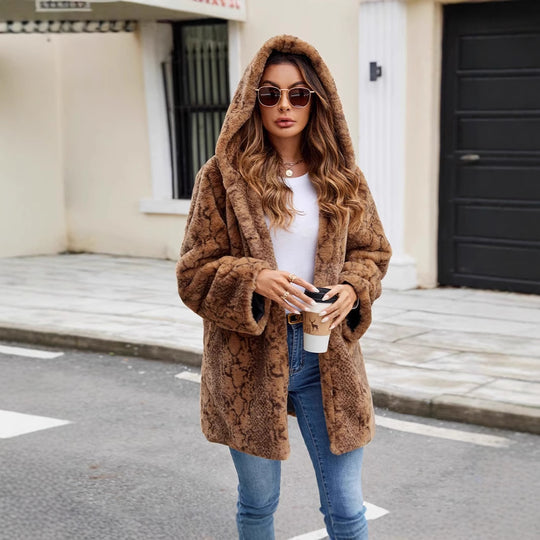 Damen Furry Parka mit Kapuze und elegantem Schnitt EB