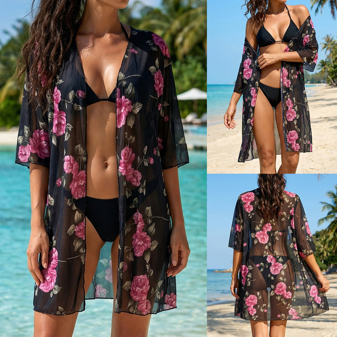 Damen eleganter transparenter Strandüberwurf mit floralem Design EB