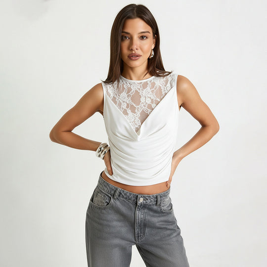 Damen Top mit Spitze und gerafftem Design EB