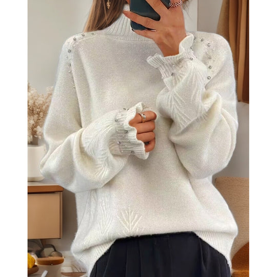 Damen nan Oversize Strickpullover mit Stehkragen und Perlendetails EB