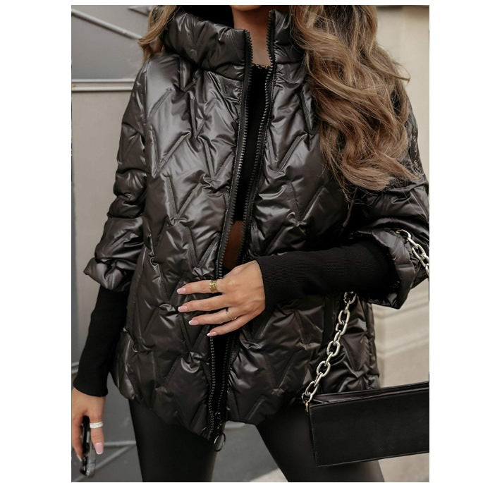 Damen nan kurze gesteppte Wattierte Steppjacke mit Hochkragen Wet-Look und Rippbündchen EB
