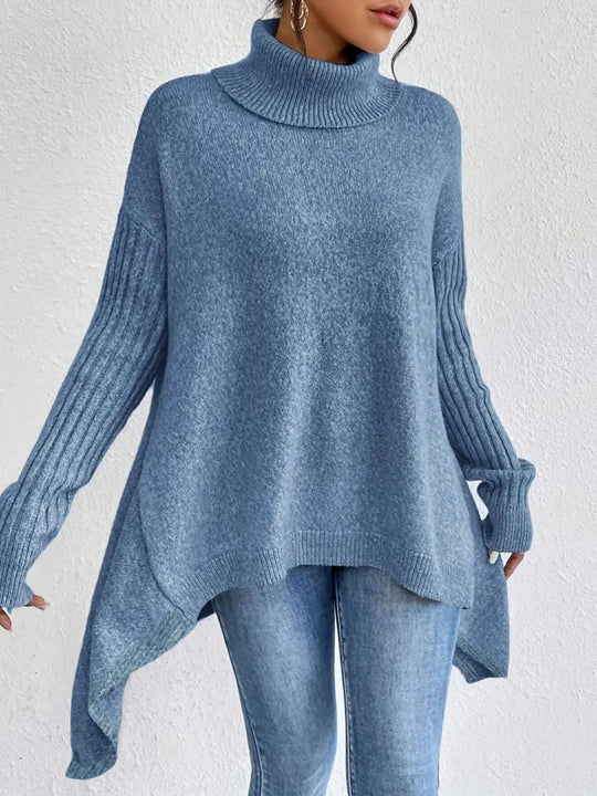 EB | Rollkragenpullover Übergröße Passform Wollstrick Asymmetrischer Saum Gerippte Ärmel