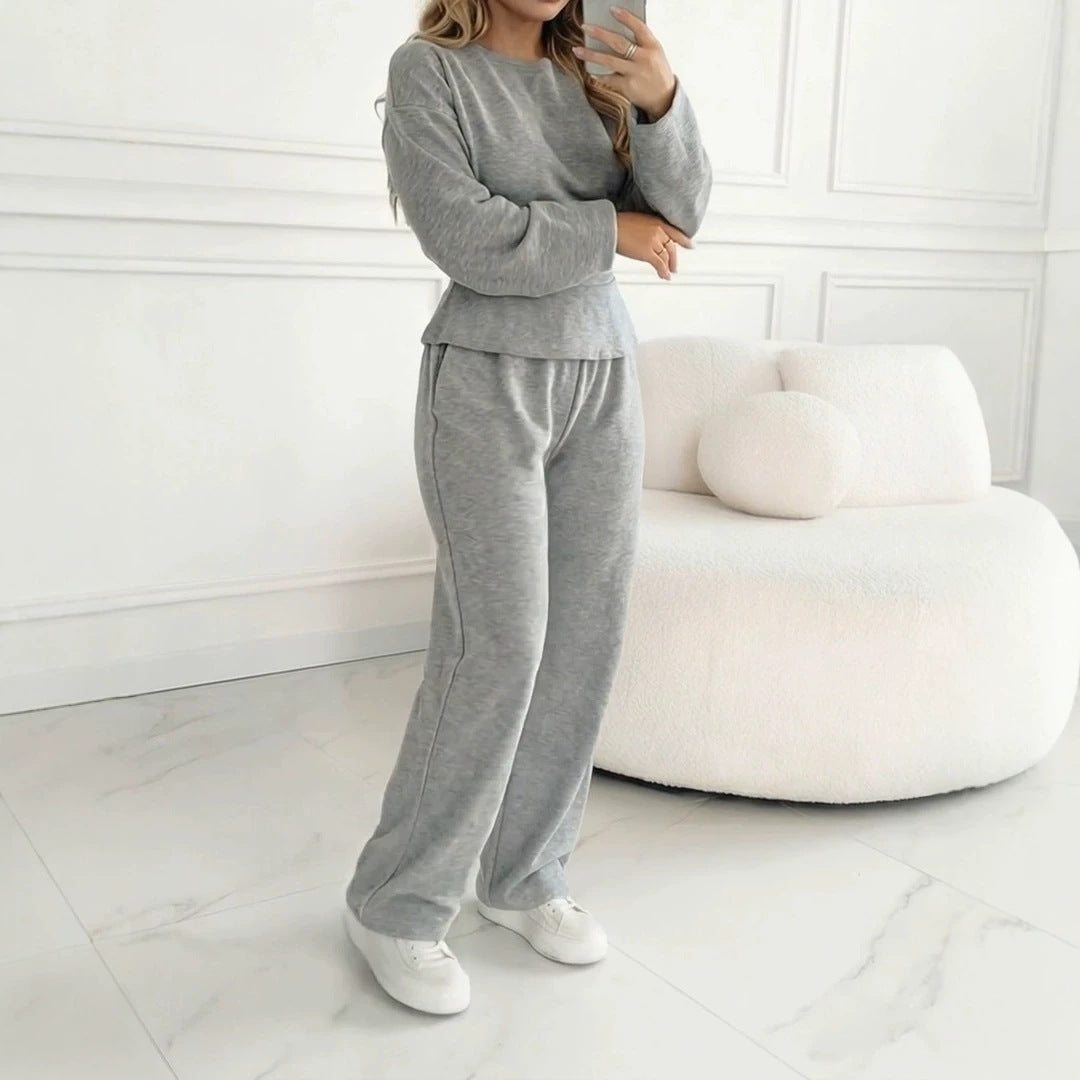 Damen Zweiteiliges Loungewear-Set aus Melange‑Jersey mit weitem Bein und Rundhalsausschnitt EB