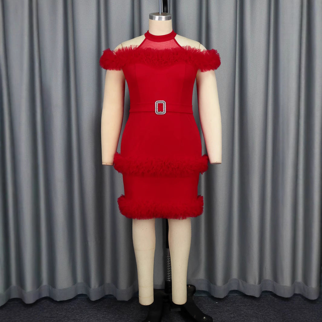 Damen glamouröses Abendkleid mit Rüschenrand und Glitzer-Gürtel EB