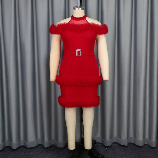Damen glamouröses Abendkleid mit Rüschenrand und Glitzer-Gürtel EB