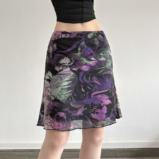 Damen Blumenmuster Midirock mit elastischem Bund und schwingendem Saum EB