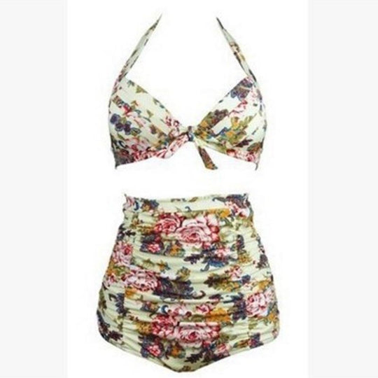 Damen Hoch tailliertes Bikini-Set mit floralem Design und Raffungen EB