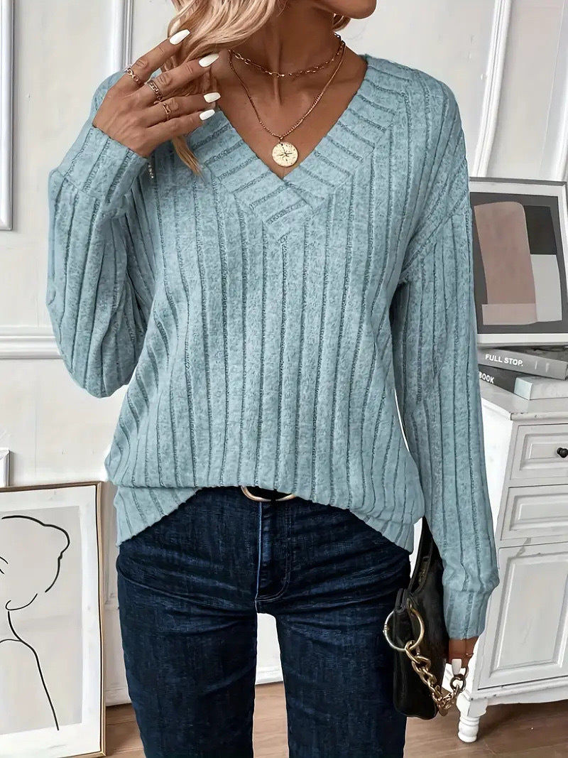 Damen V-Ausschnitt Strickpullover mit Rippenstruktur und lässigem Schnitt EB
