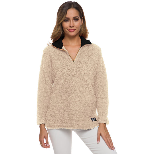 Damen kuscheliger Fleece-Pullover mit hohem Kragen und Reißverschluss EB