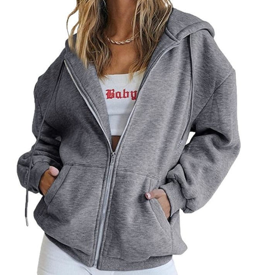Damen nan Oversize-Zip-Hoodie mit Kapuze Kängurutaschen und weichem French-Terry EB