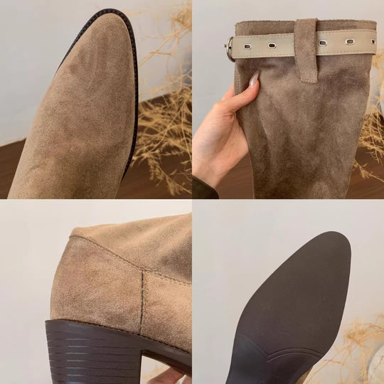 Damen Rustikale Wildleder-Stiefel mit modischem Falten-Design und verstellbarem Riemen EB