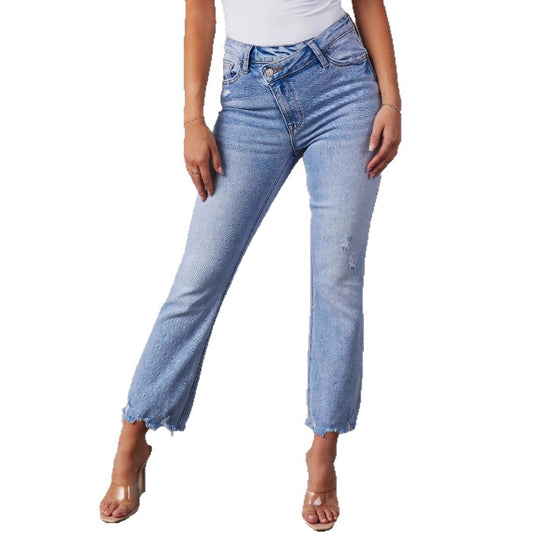 Damen Flared Jeans mit fransigen Säumen und modischem Distressed-Effekt EB