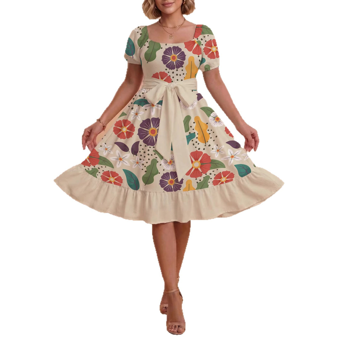 Damen Midi Kleid mit elegantem Blumendruck und tailliertem Gürtel EB