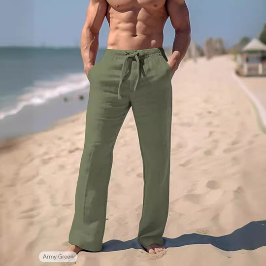 Herren nan weite Resort-Freizeithose im Palazzo-Stil aus Leinenmix mit Tunnelzug und seitlichen Eingrifftaschen Eichborn Berlin