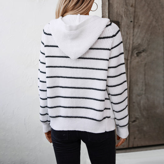 Damen gestreifte Strickjacke mit Kapuze und Taschen EB