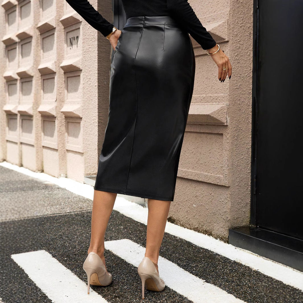 Damen Eleganter Kunstleder-Midirock mit hohen Schlitz EB