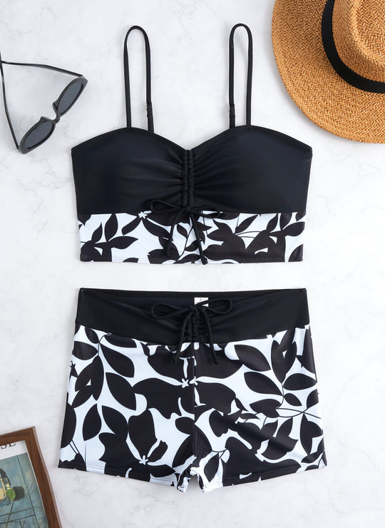 Damen Bikini-Set mit modischer Raffung und hoch taillierter Shorts EB