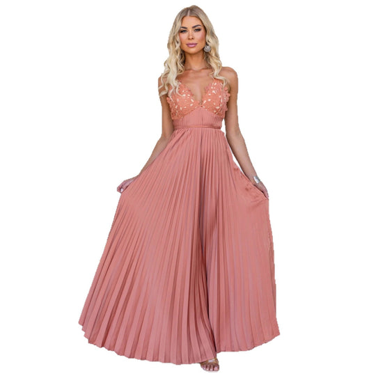 Damen Plissiertes Maxikleid mit verzierten Trägern und elegantem Taillengürtel EB