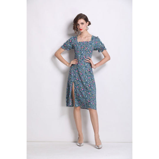 Damen Midikleid mit floralem Druck und seitlichem Schlitz EB