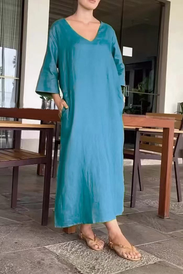 Damen luftiges Maxikleid aus atmungsaktiver Baumwolle mit V-Ausschnitt und praktischen Taschen EB