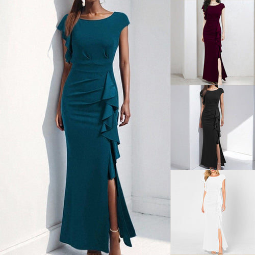 Damen elegantes Maxikleid mit Rüschendetails und seitlichem Schlitz EB