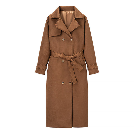 Damen eleganter Kunstledertrenchcoat mit taillierbarem Gürtel und praktischen Taschen EB