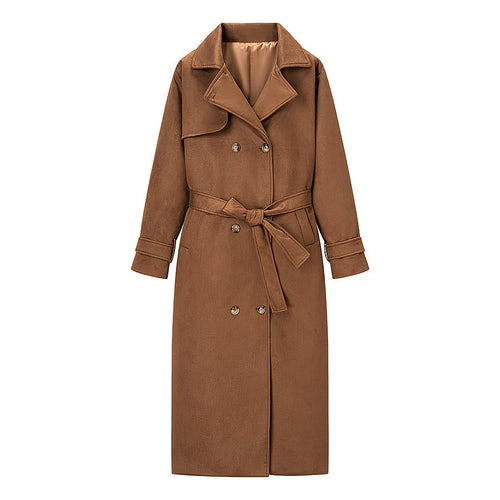 Damen eleganter Kunstledertrenchcoat mit taillierbarem Gürtel und praktischen Taschen EB