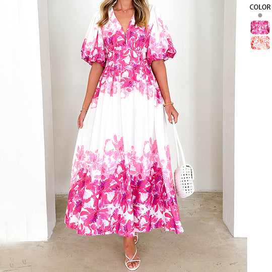 DamenMaxikleid mit voluminösen Puffärmeln und fließendem Schnitt EB