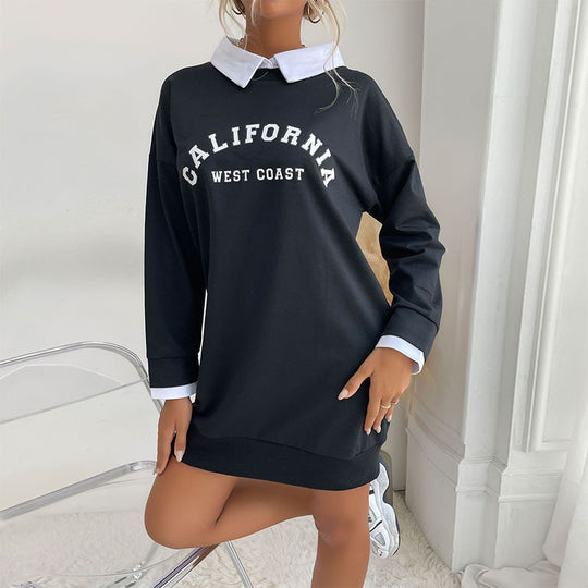 Damen Sweatkleid mit Hemdkragen und sportlichem Schriftzug EB