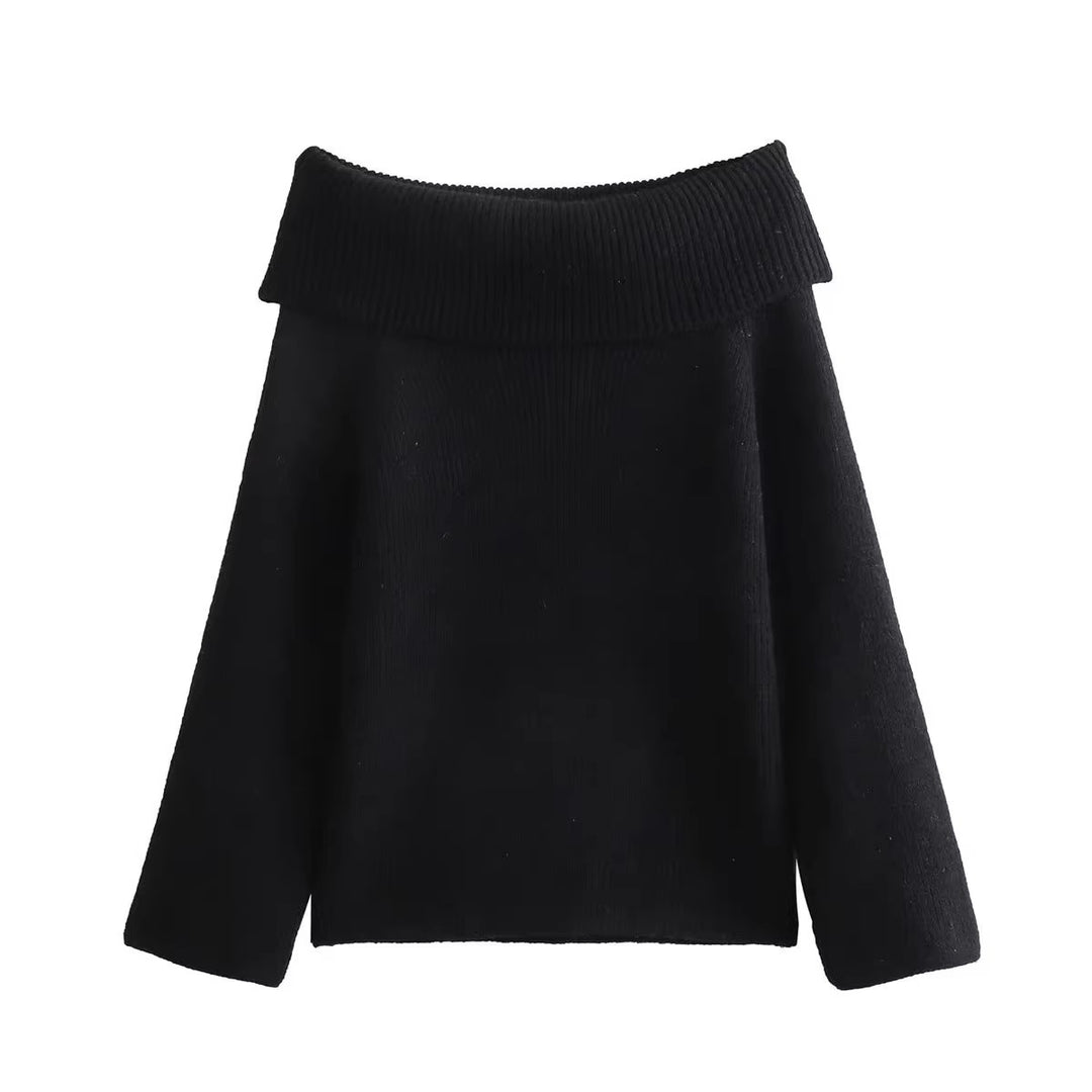 Damen eleganter, hochgeschlossener Strickpullover mit weitem Kragen EB