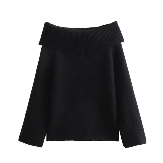 Damen eleganter, hochgeschlossener Strickpullover mit weitem Kragen EB
