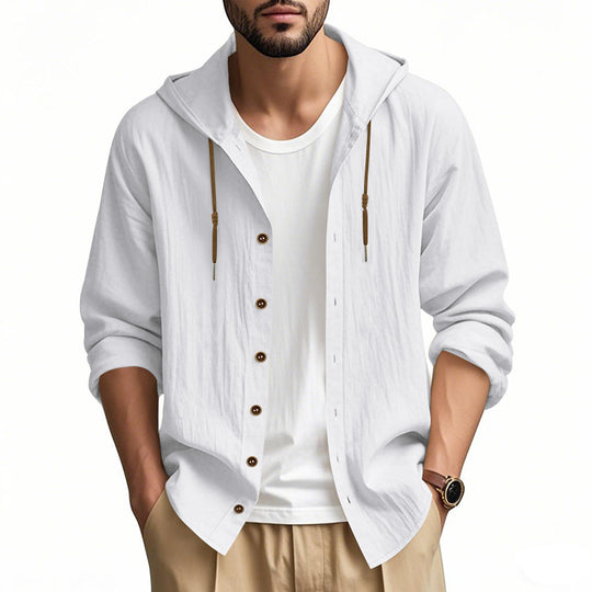 Herren nan leichtes Kapuzenhemdjacke aus Leinenoptik mit durchgehender Knopfleiste EB