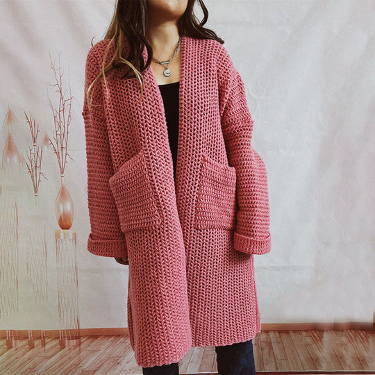 EB | Lange Strickjacke mit Taschen Chunky Strick Weiche und Lässige Silhouette