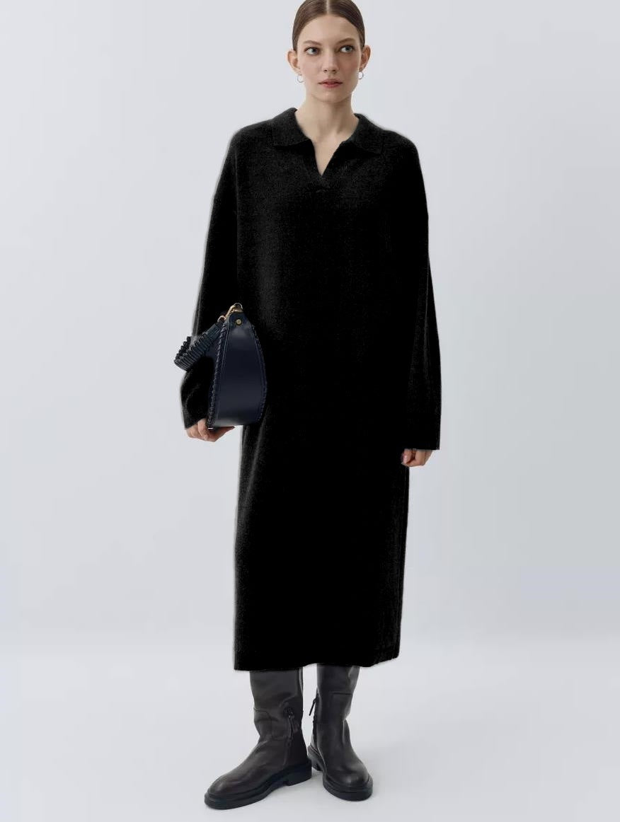 Damen Übergröße Strickkleid mit modernem Polokragen und langen Ärmeln EB