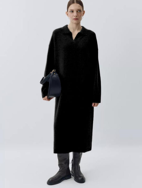 Damen Übergröße Strickkleid mit modernem Polokragen und langen Ärmeln EB