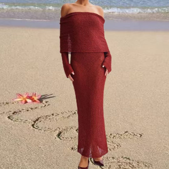 Damen Off-Shoulder Strickkleid mit langen Ärmeln und eleganter Silhouette EB