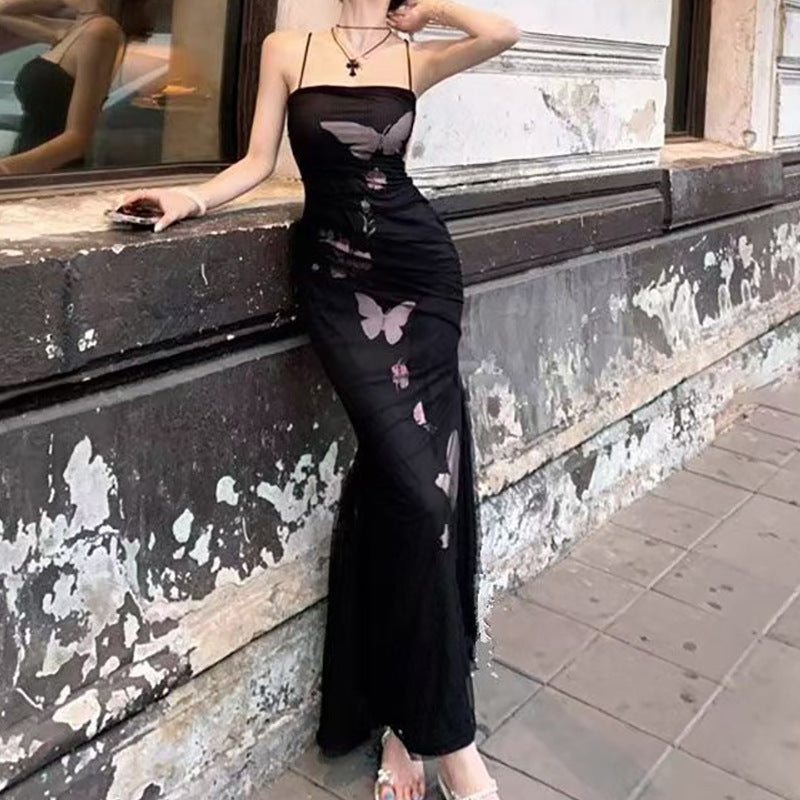 Damen elegantes Wickelkleid mit floralem Schmetterlingsdruck und verstellbaren Spaghetti-Trägern EB