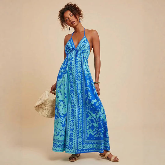 Damen Maxikleid mit tiefem V-Ausschnitt und floralen Musterdetails EB