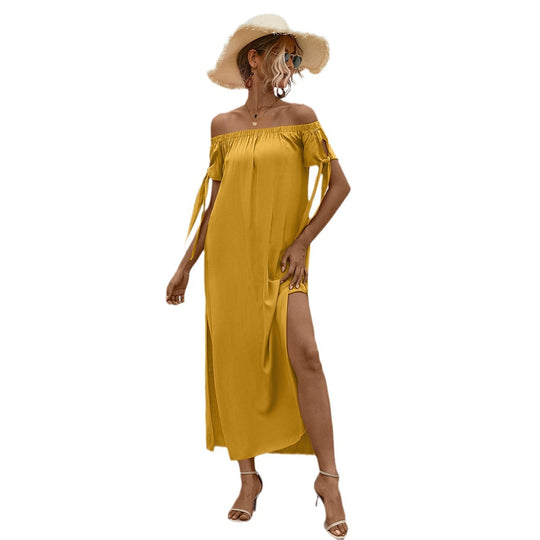Damen elegantes Off-Shoulder Maxikleid mit seidigem Glanz und seitlichem Schlitz EB