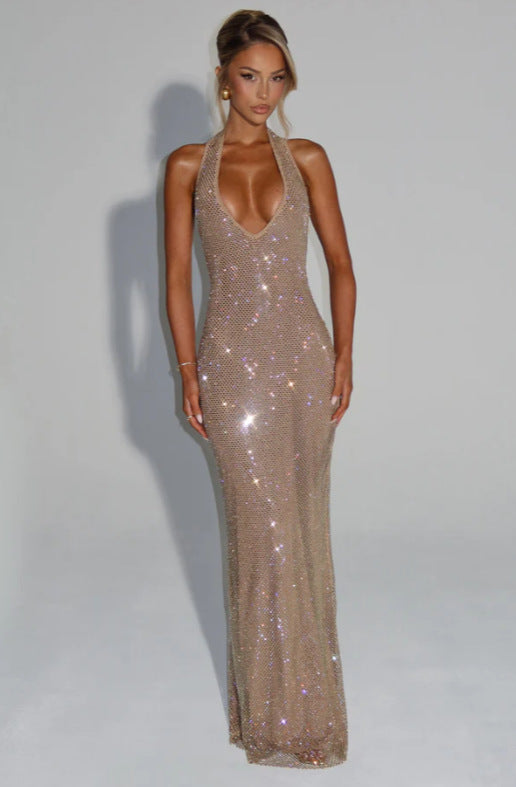 Damen Glitzerndes Abendkleid mit tiefem V-Ausschnitt und elegantem Rückenausschnitt EB