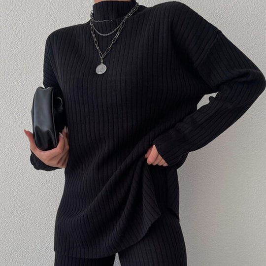 Damen Langarm Strickpullover mit Stehkragen und Rippenstruktur EB
