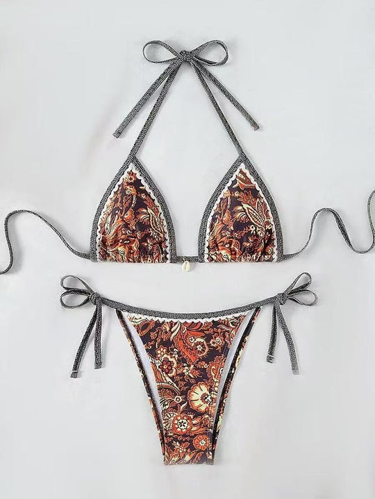 Damen Triangel-Bikini mit floralem Muster und verstellbaren Bindebändern EB